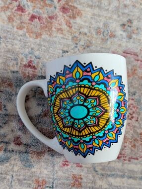 Hand-Painted Mandala Ceramic Mug - Turquoise, Yellow & Pink